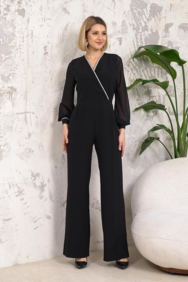 Şerit Aksesuarlı Siyah Tulum - 4