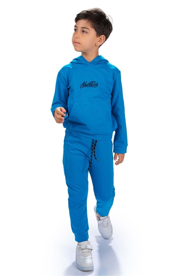 Adventure Nakış Kanguru Cepli Kapüşonlu Çocuk Eşofman Mnk10072 Mavi - 1