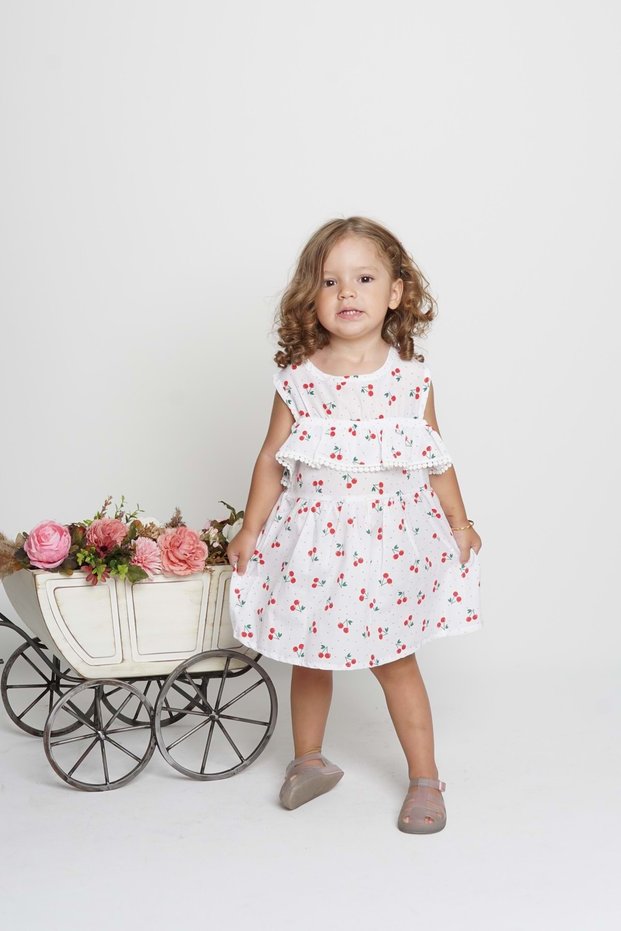 Fruit Printed Cotton Terry Cotton Sleeve Fishtail Detail Girls Summer Dress Mnk0406 White