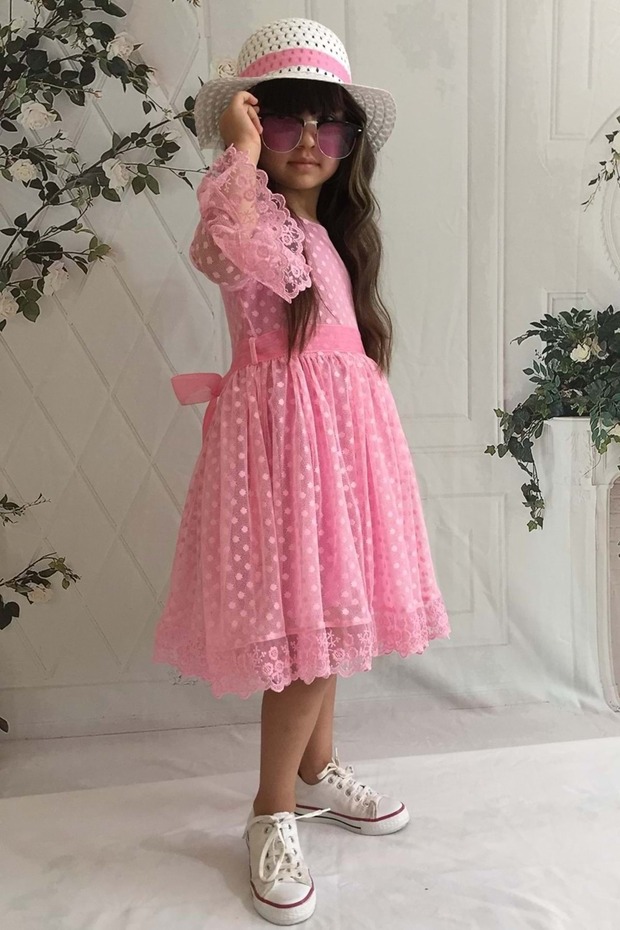 Cream Hat Lace Girls Dress Pink