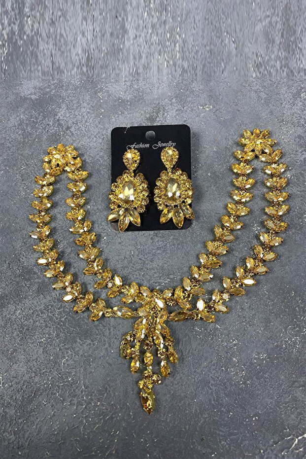 Honey Color Sultan Model Frontlet Bridal Henna Hair Accessory and Earring Set