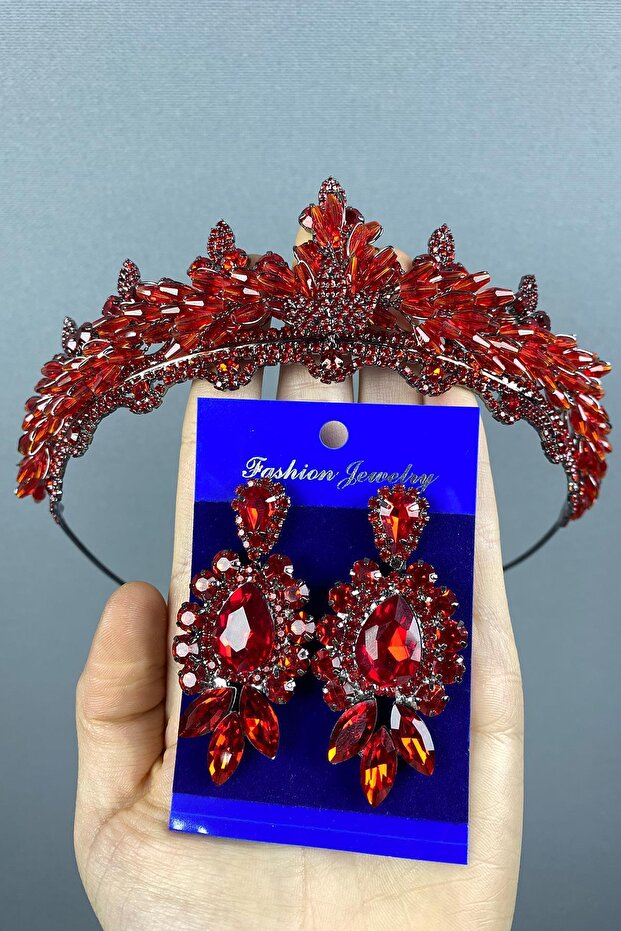 Red Lena Crystal Bridal Henna Crown and Shuttle Stone Earring Set