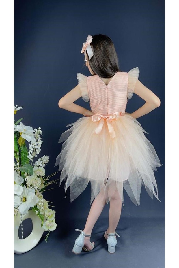 Tüllü Kırçıllı Kız Çocuk Parti Elbisesi PUDRA - 4