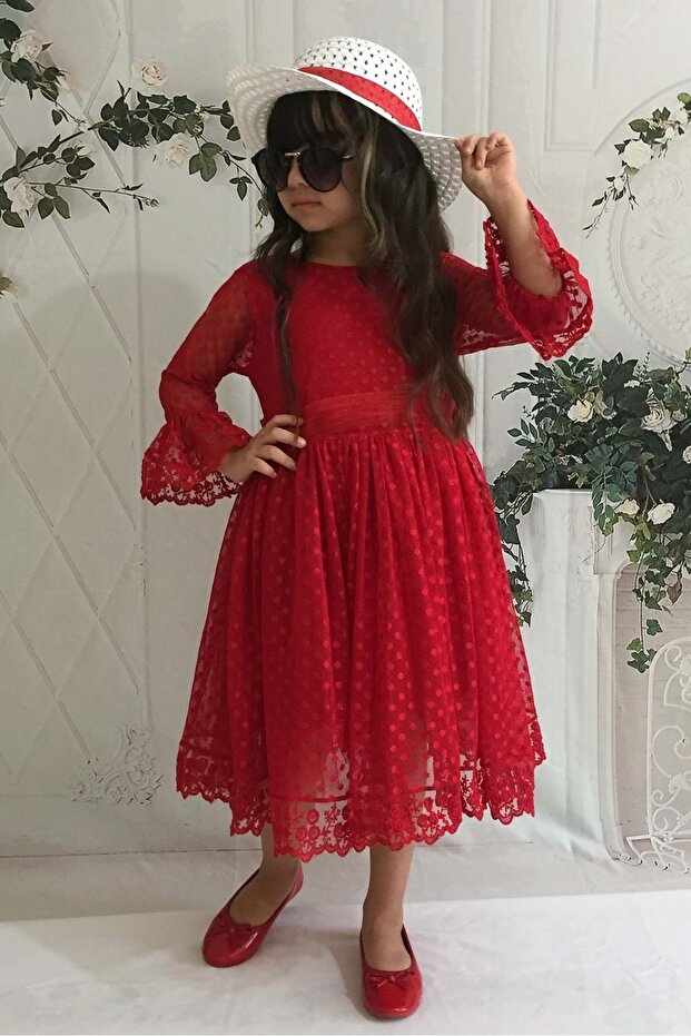 Cream Hat Lace Girl's Dress Red