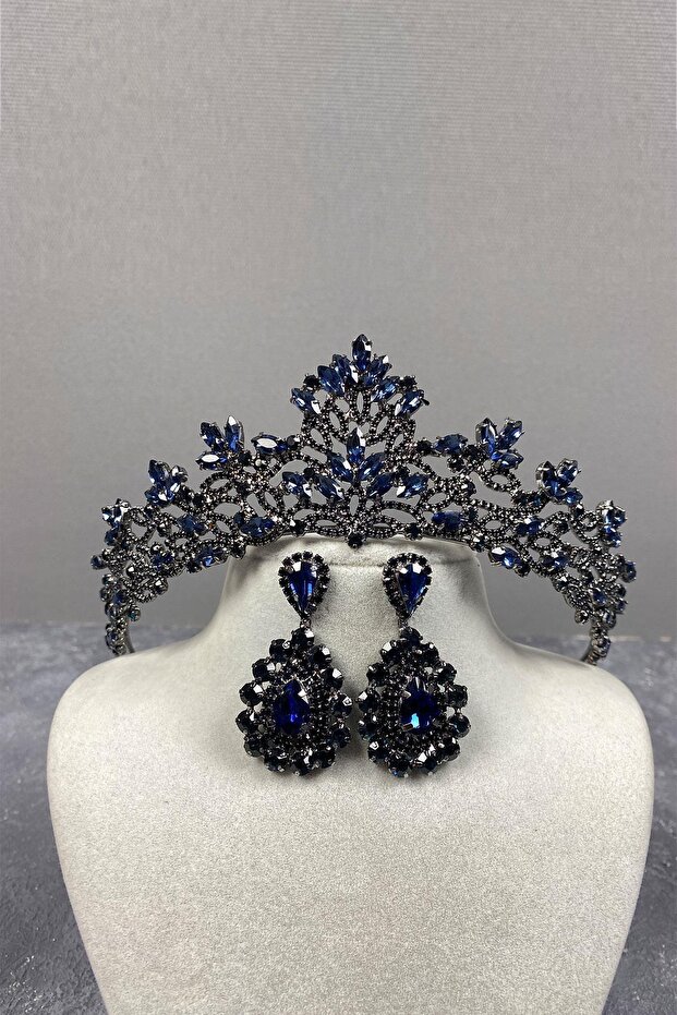Navy Blue Melis Bridal Henna Crown and Drop Stone Earrings