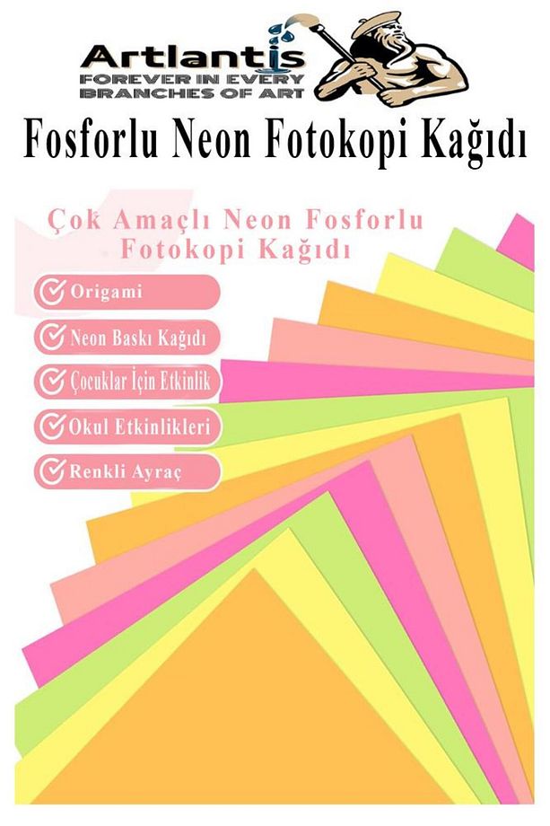 Neon Fosforlu Renkli A4 Fotokopi Kağıdı 50 li 1 Paket 50 Adet Fosforlu 5 Renk Parlak Canlı Renkler F - 4