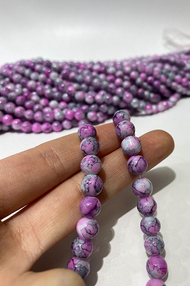 Fuchsia Patterned String Glass Beads 8 mm - 3