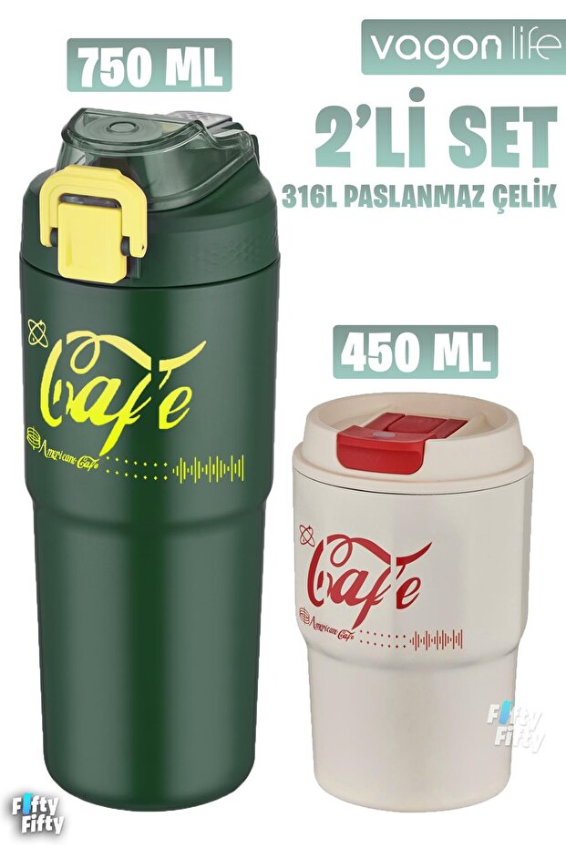 2-piece steel thermos-coffee cup set 750ml dual use thermos//450ml mug coffee cup