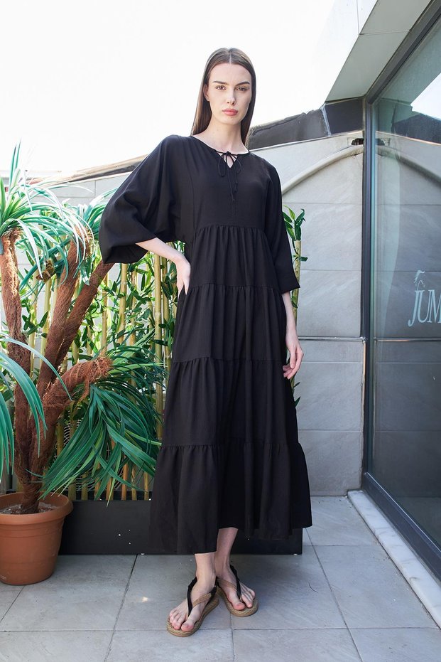 Women's Invisible Viscose Poplin Fabric Long Sleeve Skirt Ruffled Long Dress-Black