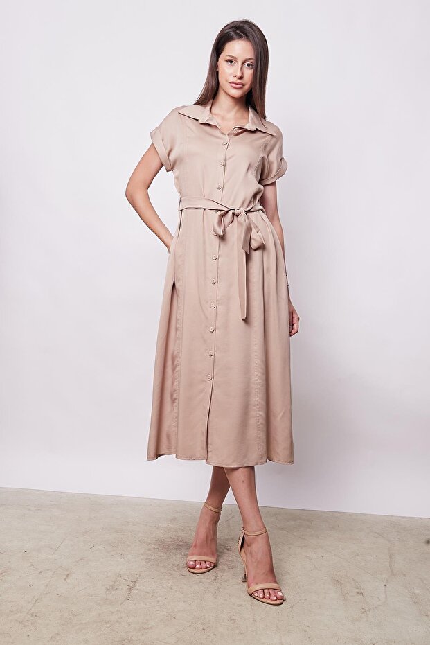 100% Iyocell Flowy Stylish Fabric Collared Off-Shoulder Double Sleeves Lace-Up Midi Length Below the Knee Dress-Came