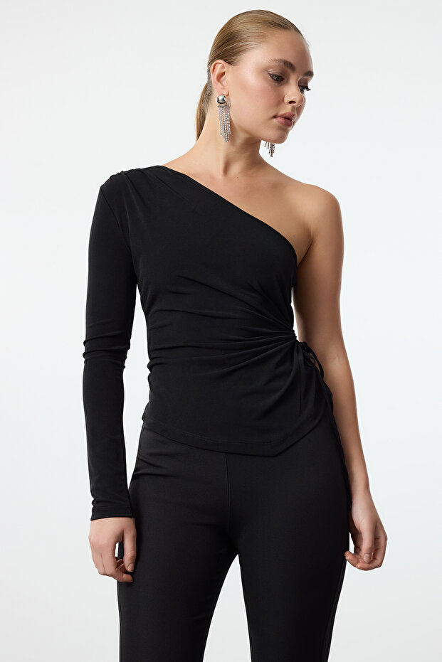 Black Cut Out/Window Detail Single Sleeve Knitted Blouse Tpraw25Bz00037