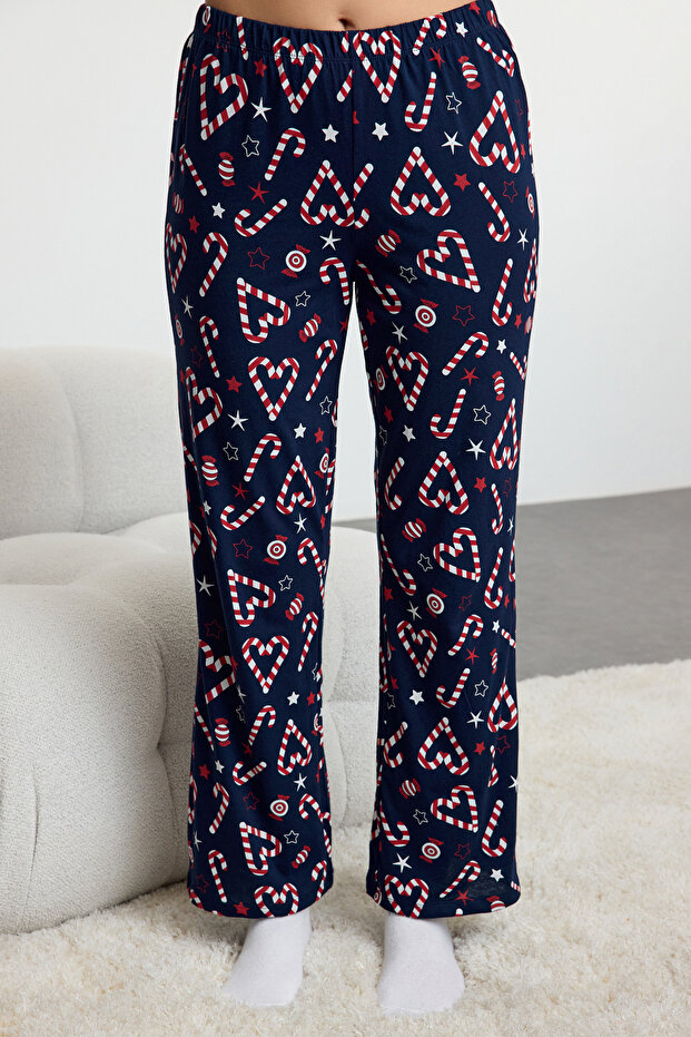 Lacivert %100 Pamuklu Yılbaşı Temalı Biyeli Örme Pijama Takımı THMAW25PT00167 - 4