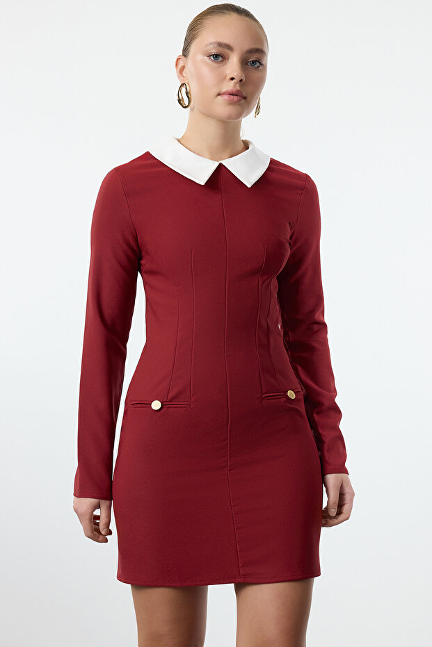 Bordo Yaka Detaylı Dokuma Elbise TWOAW24EL00298 - 2