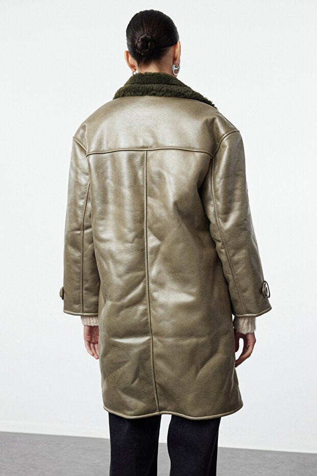 Khaki kołnierz futro szczegółowy oversize długi płaszcz Twoaw25Kb00000 - 5