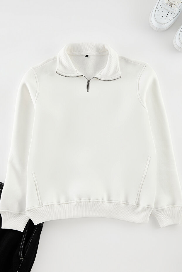 Ekru Regular/Normal Kesim Dik Yaka Fermuarlı İçi Polar/Sıcak Tutan Basic Sweatshirt TMNAW24SW00041 - 6