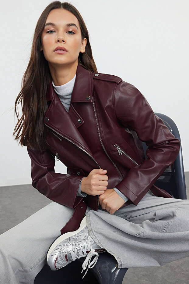 Bordo Regular Kalıp Suni Deri Biker İnce Ceket Mont TWOAW25MO00002 - 1