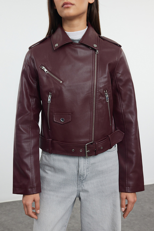 Bordo Regular Kalıp Suni Deri Biker İnce Ceket Mont TWOAW25MO00002 - 3