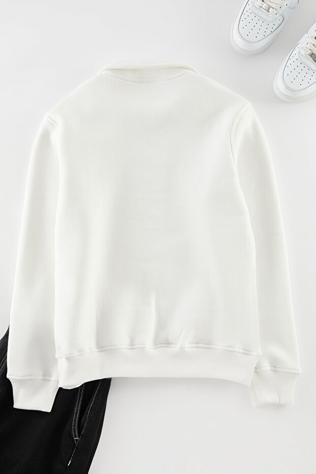 Ekru Regular/Normal Kesim Dik Yaka Fermuarlı İçi Polar/Sıcak Tutan Basic Sweatshirt TMNAW24SW00041 - 8