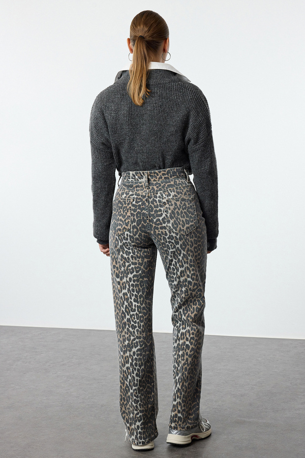 Çok Renkli Leopar Desenli Kahverengi Yüksek Bel Orta Esnek Wide Leg Jeans TWOAW25JE00309 - 9