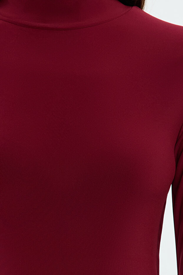 Bordo Fitted/Vücuda Oturan Uzun Kollu Dik Yaka Fitilli Esnek Örme Bluz TWOAW25BZ00078 - 7