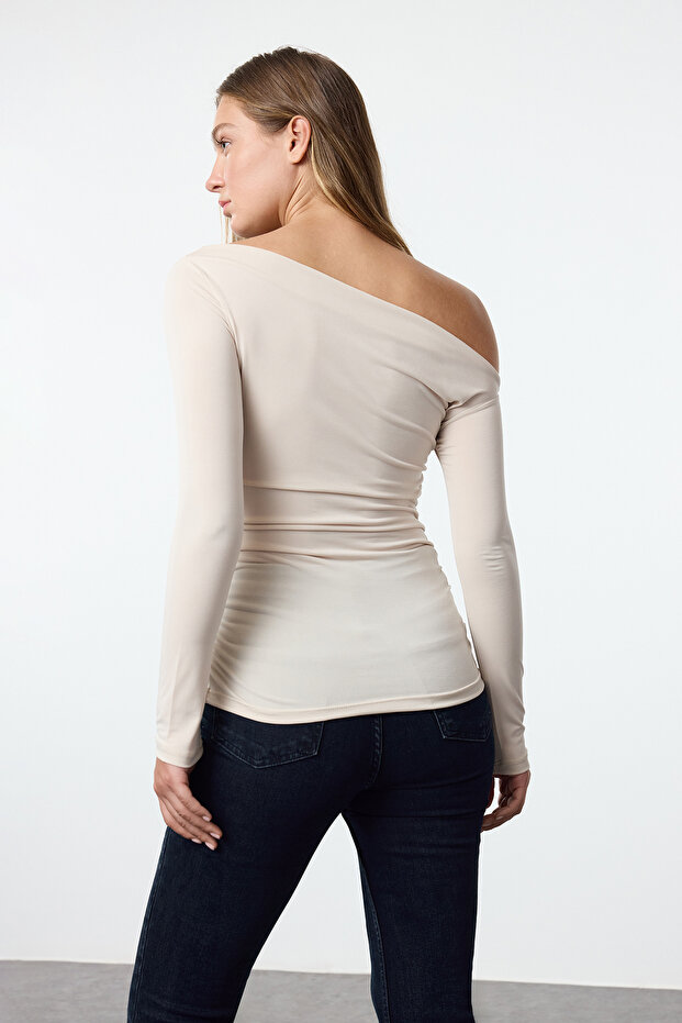 Taş Büzgü/Drape Detaylı Fitted/Vücuda Oturan Uzun Kollu Esnek Örme Bluz TWOAW25BZ00248 - 10