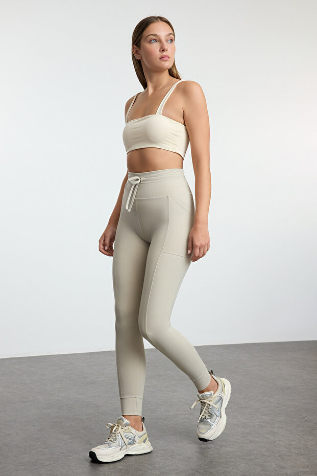 Taş Fırçalı Soft Kumaş Cep ve Bağlama Detaylı Tam Boy Örme Spor Tayt THMAW25TY00014 - 6
