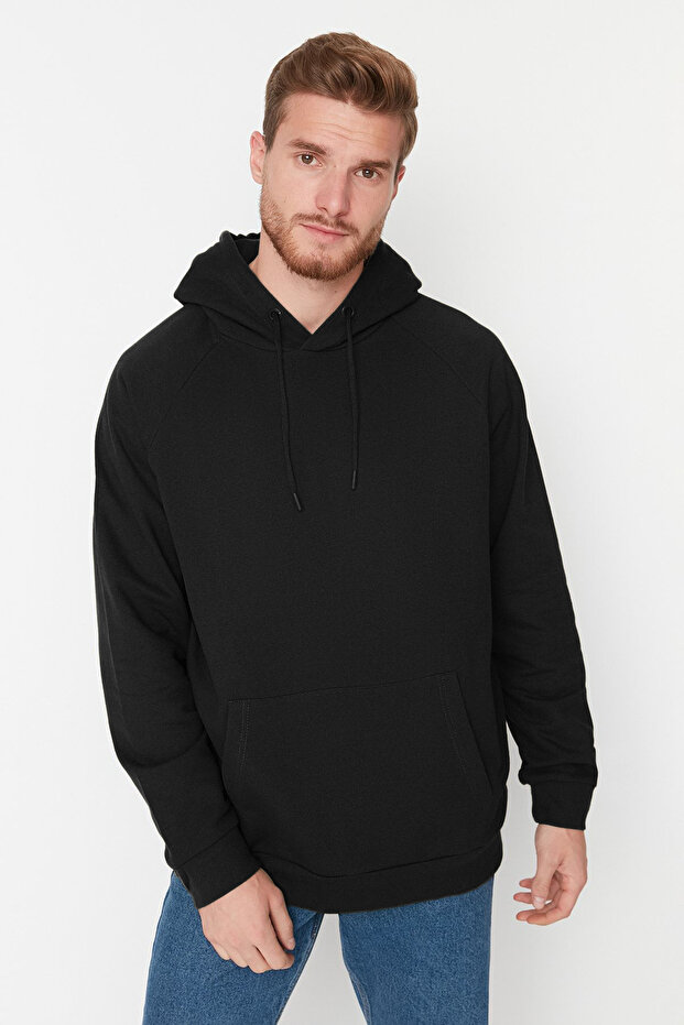 Siyah Basic Oversize/Geniş Kesim Kapüşonlu İçi Polarlı Sweatshirt TMNAW23SW00192 - 5