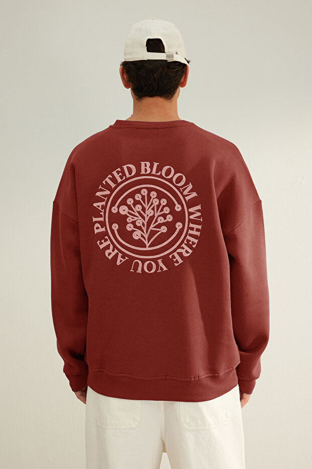 Kiremit Oversize/Geniş Kesim Çiçek Nakışlı İçi Polarlı Pamuklu Sweatshirt TMNAW24SW00012 - 6