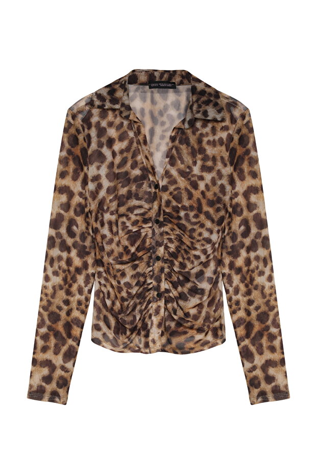 Brown Draped Leopard Patterned Shirt - 2