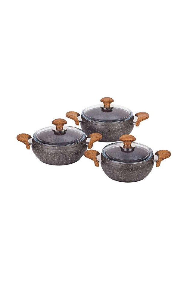 Güveç Granit 3'lü Tencere Set Gri Ahşap - 1
