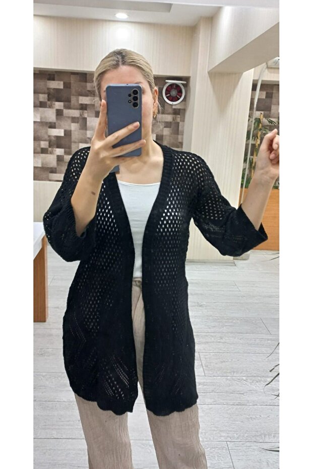 Fileli Delikli Triko Hırka - 1