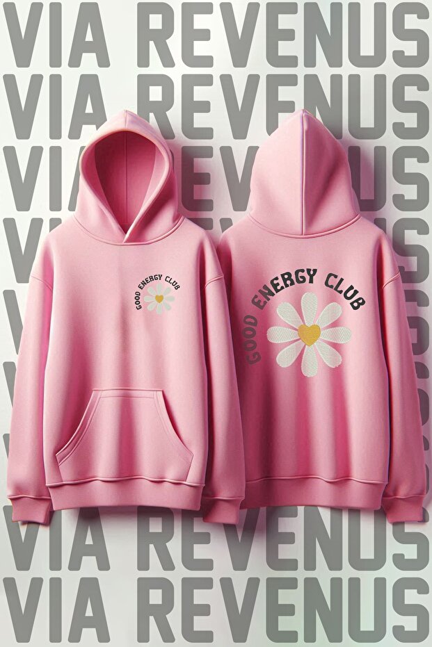 Good Energy Club Front and Back Printed Soft Fabric Wide Fit Pink Hooded Sweatshirt