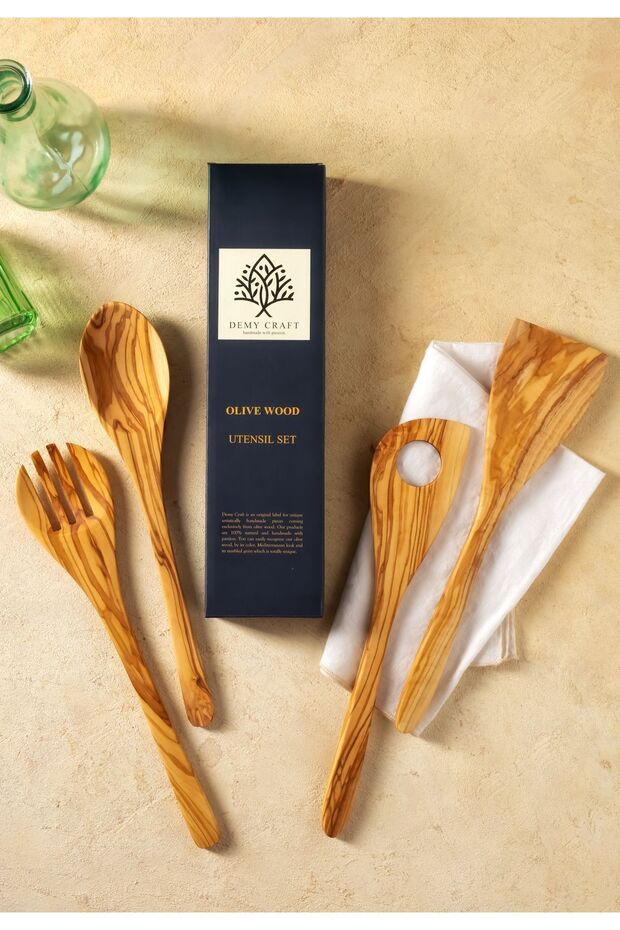 Olive Wood 30 cm 4 Piece Wooden Kitchen Set, Wooden Spoon, Fork, Spatula Handmade