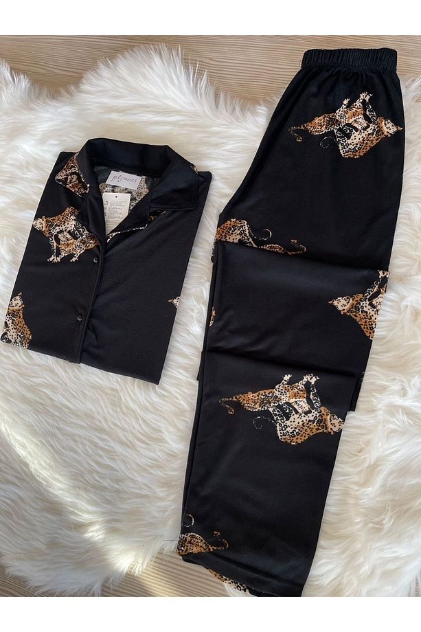 Leopar Desenli Süet Gömlek Yaka Uzun Kol Pijama Takımı - 5