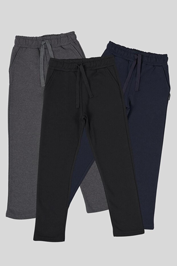 Black-Dark Blue Anthracite Thick Cotton Elastic Waist Side Pocket 3-Piece Boy's Sweatpants Cmrc98