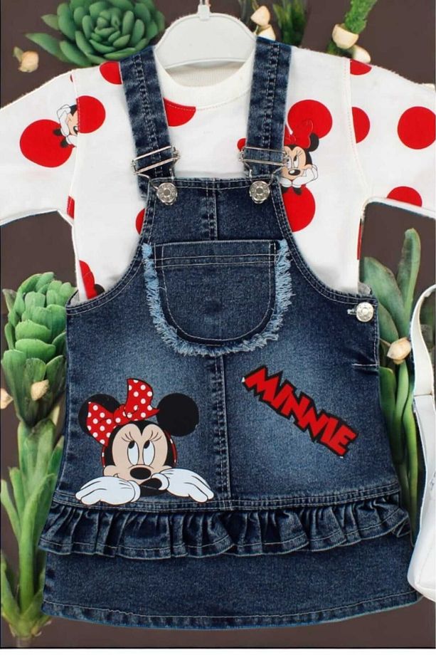 Minnie Desenli Kot Jile Badili Çantalı 3lü Takım 1-5 yaş Kız Çocuk Ayarlanabilir Askılı Uzun Kollu - 3