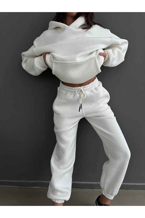 Women's White 3-Thread Hooded Sweatshirt and Sweatpants Set