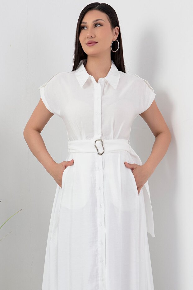 Boydan Düğmeli Kemerli Elbise NY4306 - 2