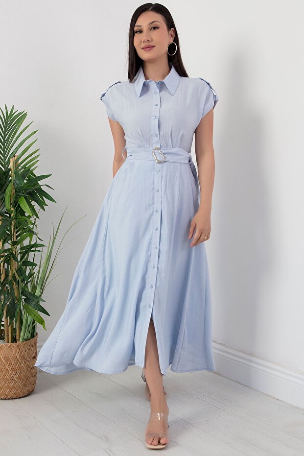 Boydan Düğmeli Kemerli Elbise NY4306 - 1