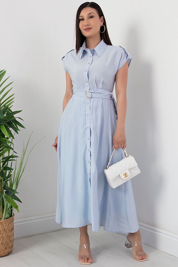 Boydan Düğmeli Kemerli Elbise NY4306 - 5