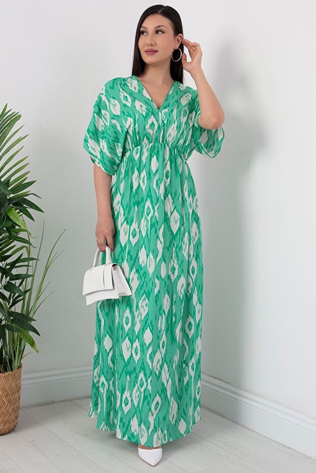 V Yaka Beli Lastikli Viskon Elbise NY4319 - 3