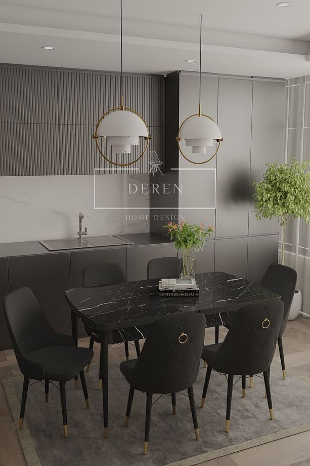 Zen Gold Serisi Babyface kumaş 80x132 Açılabilir MDF masa mutfak salon takımı 6 adet sandalye SİYAH - 1