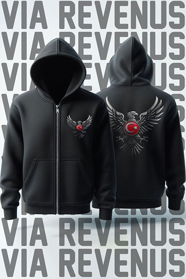 Moon Star and Eagle Front and Back Printed Unisex Zippered Hooded Sweatshirt Cardigan