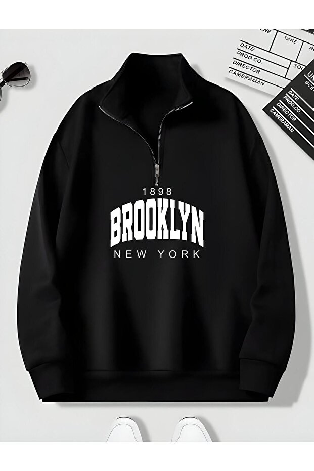 Black Men's Brooklyn Printed Stand Collar Half Zipper Plain Pullover Sweatshirt