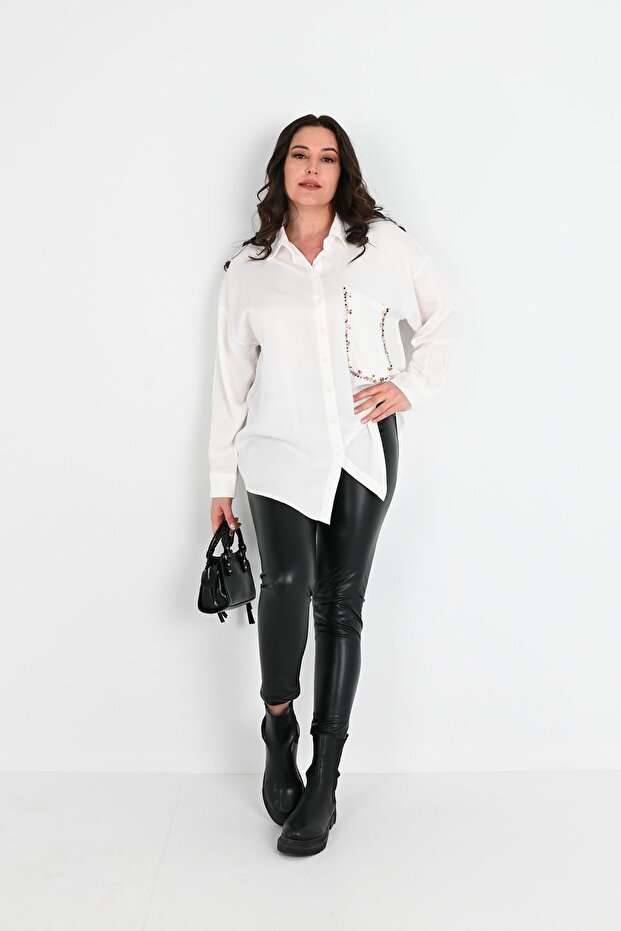Women's Large Size Pocket Bead Shirt 1673-24