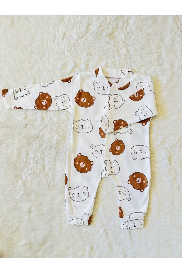 Brown Teddy Bear Figured Corded Fabric Baby Girl Cotton Fabric Jumpsuit with Snap Fasteners