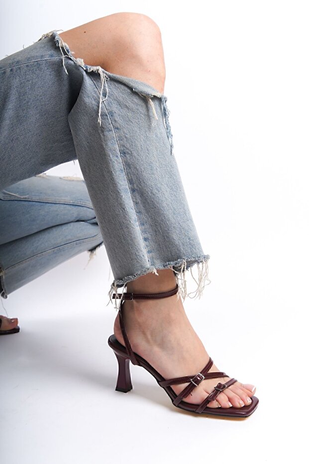 Women's Shoes, Burgundy Heels, Adjustable Belt Buckle for Scalloped Feet