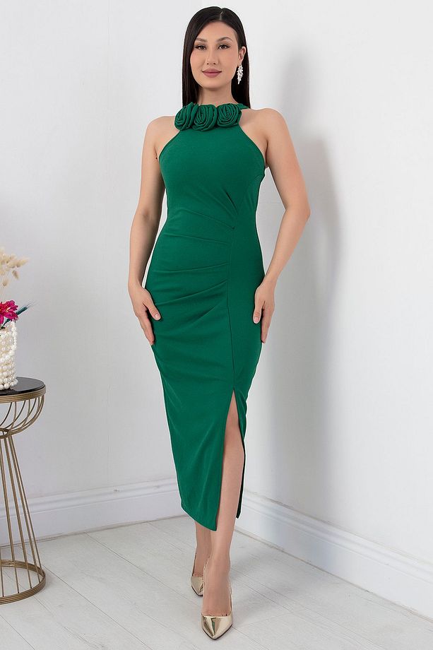 Gül Detay Yırtmaçlı Krep Elbise NY4264 - 4