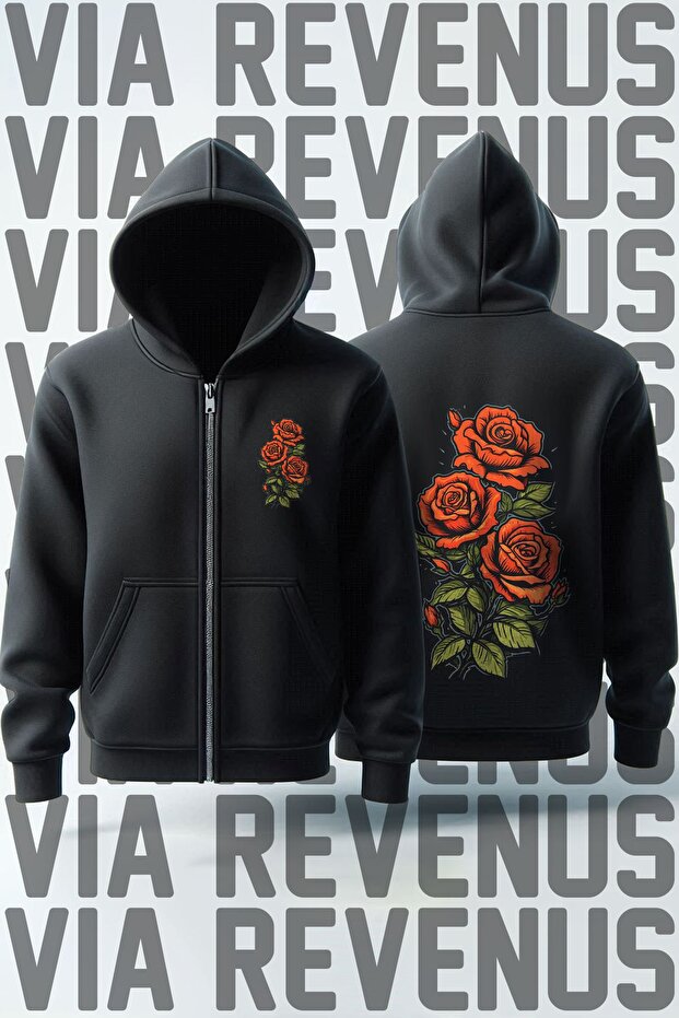 Floral Front and Back Printed Unisex Zippered Hooded Sweatshirt Cardigan