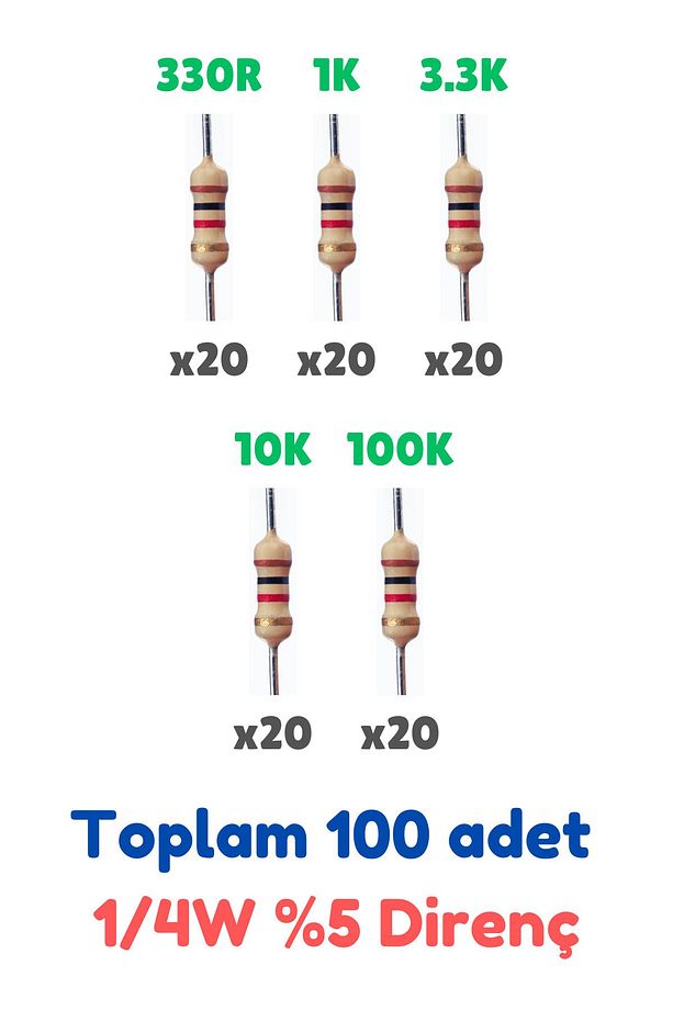 Direnç Seti 1/4w %5 100 Parça 5 Çeşit | 330 1k 3.3k 10k 100k - 1